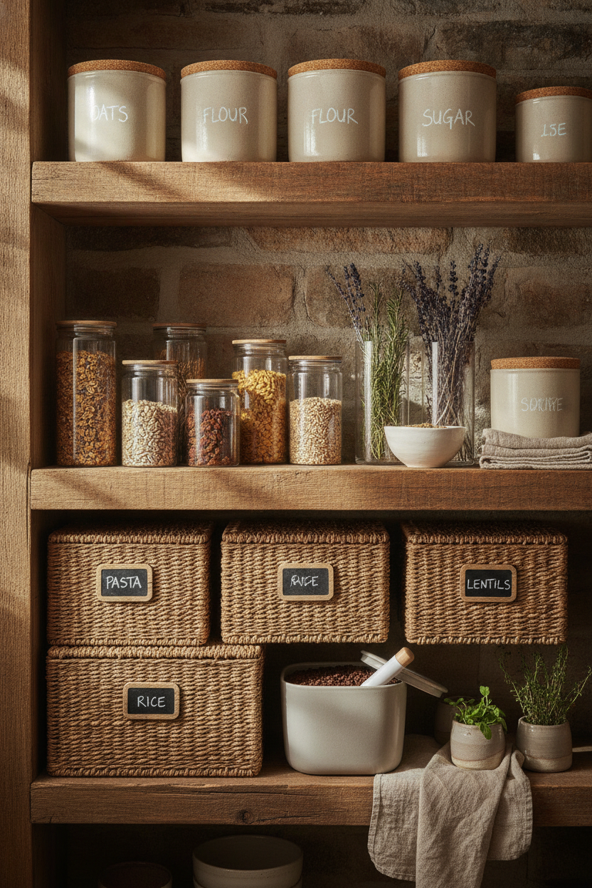 A beautifully organized pantry shelf photographed in warm natural light, featuring neatly arranged labeled storage bins in neutral cream and kraft tones,